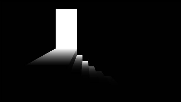 istock Light from the doorway. Step down from the door. Black and white illustration on the theme of fear or success 1223738371