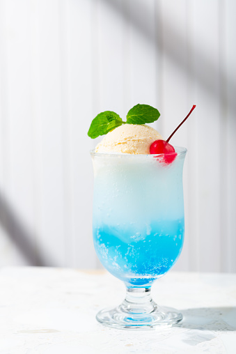 It's a blue soda topped with vanilla ice cream,cherry and spearmint