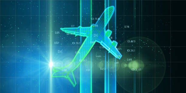 istock Abstract  background with digital  color grid mesh airplane and blurred lines on blue sky. Big data.  3d wireframe  plane engineering concept with lens effects. Travel, tourism, transport banner. 1223742403