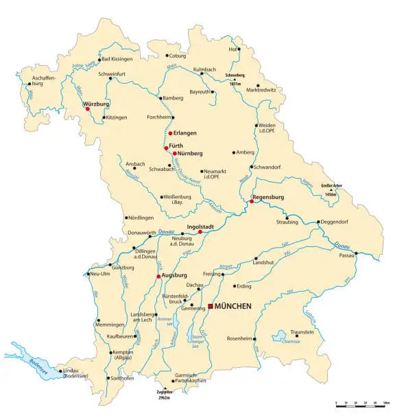 Vector illustration of Vector map of the state of Bavaria with major cities, Germany