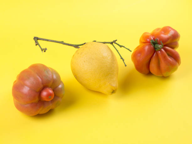 istock Ugly fruit and vegetables on yellow background 1223744420