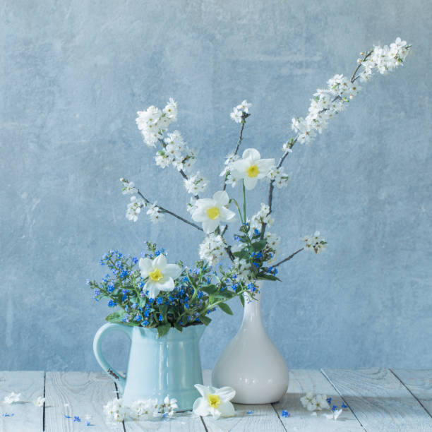 istock spring  flowers in  vases  on background old  wall 1223744458