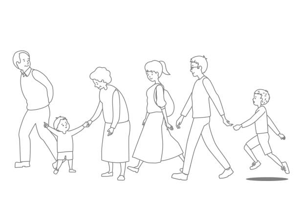 векторная линия рисования для семьи 3 поколения - multi generation family family group of people large group of people stock illustrations