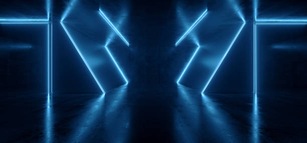 istock Neon Laser Sci Fi Futuristic Blue Glowing Fluorescent Lights Asphalt Cement Triangle Tunnel Corridor Warehouse Underground Cement Floor Night Dark Background Cyber Virtual Reality 1223757309
