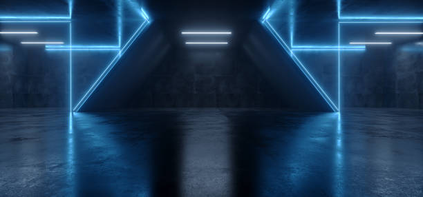 istock Neon Laser Sci Fi Futuristic Blue Glowing Fluorescent Lights Asphalt Cement Triangle Tunnel Corridor Warehouse Underground Cement Floor Night Dark Background Cyber Virtual Reality 1223757329