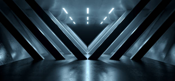 Grunge Concrete Underground Tunnel Corridor Glossy Reflective Columns Cement Asphalt TRiangle Shaped Tilted Background Hallway Warehouse 3D Rendering