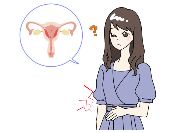 Woman suffering from menstrual pain Illustration of a woman suffering from menstrual cramps pregnancy test on white stock illustrations
