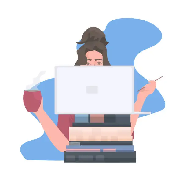 Vector illustration of busy woman freelancer sitting at workplace using laptop during coronavirus pandemic quarantine