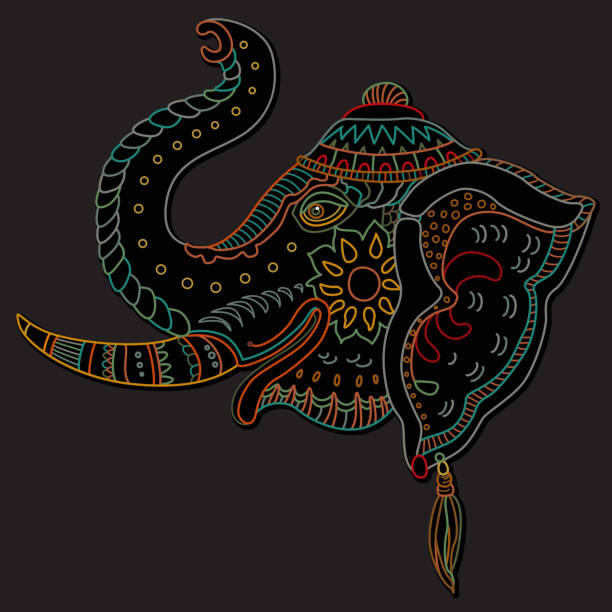 Vector decorative fantasy ornate Indian elephant head silhouette. Hand drawn doodle sketch. Dark colour contour thin line, ethnic ornaments on a black background. T-shirt print. Batik paint. Book cover Vector decorative fantasy ornate Indian elephant head silhouette. Hand drawn doodle sketch. Dark colour contour thin line, ethnic ornaments on a black background. T-shirt print. Batik paint. Book cover sri lanka pattern stock illustrations