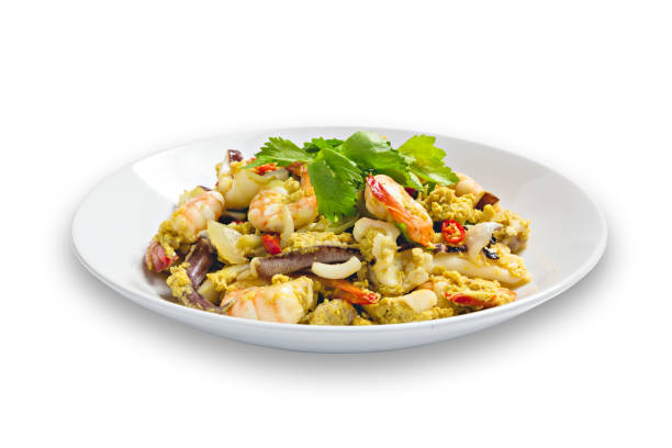 istock Stir Fried Curry Powder on white dish, Thai food, menu seafood. 1223761492