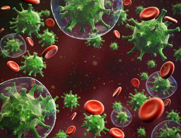 istock Virus cells mixed with red blood cells 1223761777