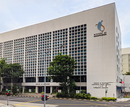 May 2020. Singapore. Building of the Ministry of Manpower in Singapore. The Ministry of Manpower is a ministry of the Government of Singapore which is responsible for the formulation and implementation of labor policies related to the workforce in Singapore. This is where foreigners come to obtain work permits and work visas upon arrival in Singapore.