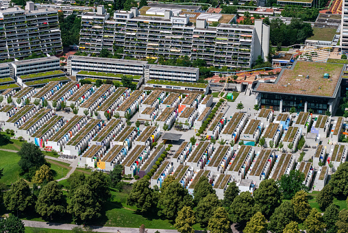 Munich, Germany - July 1, 2016. Aerial view over Olympic Village (Olympisches Dorf) in Munich, in summer. The village was constructed for the 1972 Summer Olympics in Munich and was used to house the athletes during the games.