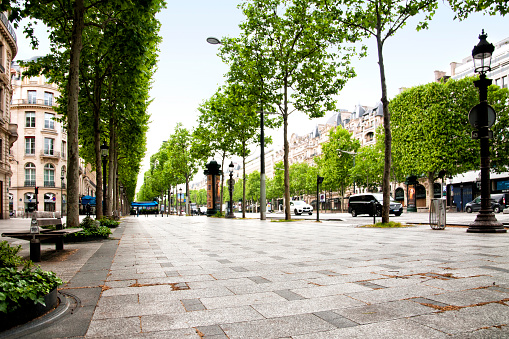 Champs Elysées avenue and its sidewalks are empty and desert during pandemic Covid 19 in Europe. There are no people, no tourists and less cars because people must stay at home and be confine. Schools, restaurants, stores, museums... are closed. Paris, in France. May, 5th , 2020.