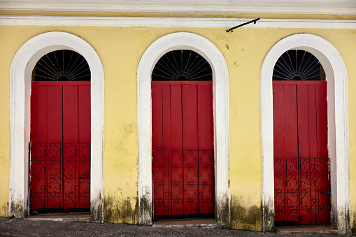 Red painted doors in the historic Center of Salvador, Bahia, Brazil