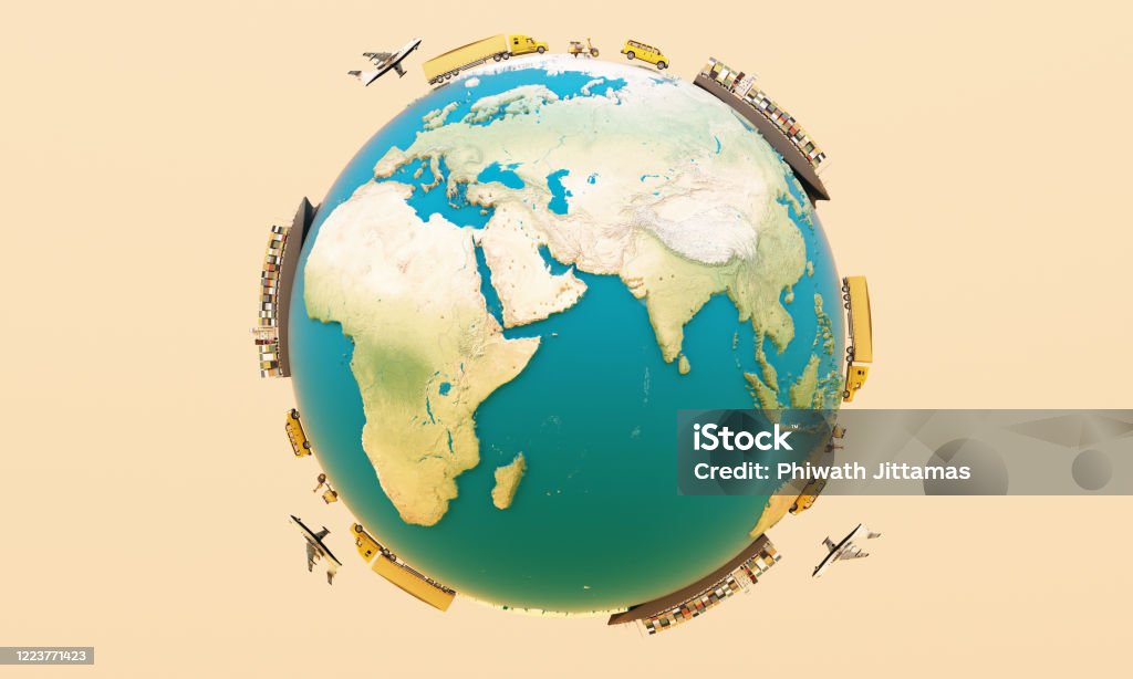 world wide cargo container transport concept in yellow tone colour with truck and van air plane on globe 3d rendering Freight Transportation Stock Photo