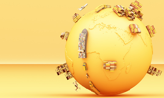 world wide cargo container transport concept in yellow tone colour with truck and van air plane on globe 3d rendering