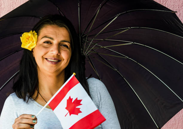 Woman with umbrella holds flag of Canada Woman with umbrella holds flag of Canada in front of isolated wall background citizenship photos stock pictures, royalty-free photos & images