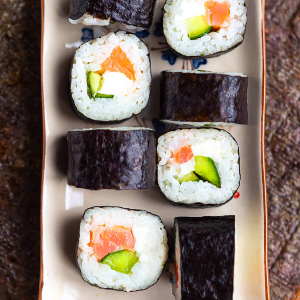 Set of sushi rolls on the palte, top view