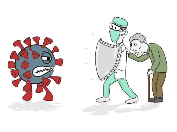 Vector illustration of Doctor holding knight shield to protect from COVID-19 Virus pathogens