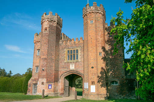 Lullingstone Castle in Eynsford, England. This is a privately owned 14th century manor house that dates back to the Domesday Book. This photo was taken from the public property outside the castle.