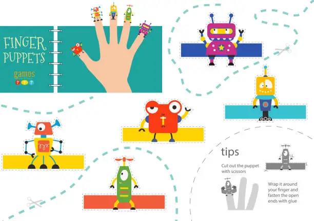 Vector illustration of Vector robotics as finger puppets. Cut and glue activity for preschool kids