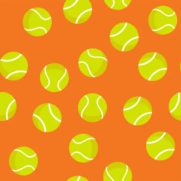 Vector illustration of Seamless pattern of tennis balls on orange background. Summer sport vector print. Design for textile, wallpaper, print, sport equipment and banner. Sports, fitness, activity vector illustration.