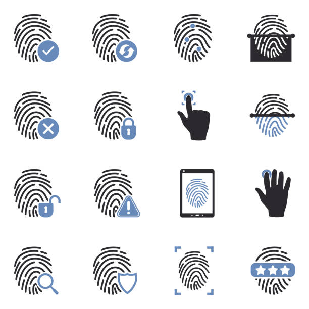 지문 아이콘. 투 톤 플랫 디자인. 벡터 일러스트레이션. - biometrics touching glass fingerprint stock illustrations