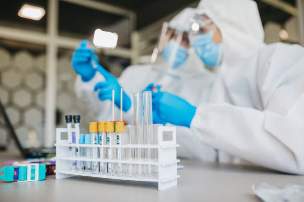 istock Two male doctors in protective suits sort and analyze swabs on corona virus 1223775482