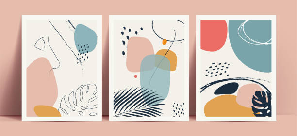 ilustrações de stock, clip art, desenhos animados e ícones de abstract terrazzo style background set with pastel color hand drawn geometric shapes and lines and tropical leaves silhouettes. works for decor wall prints or book cover or flyer or menu design. - parede ilustrações