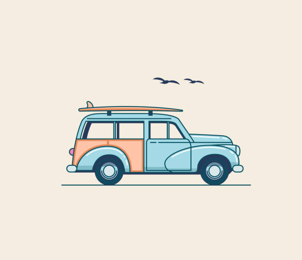 Surfing car. Retro blue SUV truck with surfboard on the roof rack isolated on white background. Summer time vacation illustration for poster or card or t-shirt design. Flat styled vector illustrationSurfing car. Retro blue SUV truck with surfboard on the Surfing car. Retro blue SUV truck with surfboard on the roof rack isolated on white background. Summer time vacation illustration for poster or card or t-shirt design. Flat styled vector eps 10 illustration wooden car stock illustrations