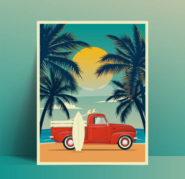 illustrations, cliparts, dessins animés et icônes de conception d’affiche de voyage d’été avec le camion de surf vintage sur la plage avec la planche de surf dans le coffre et deuxième planche de surf se pencha à la carrosserie de voiture et les silhouettes de paumes au coucher du soleil. illustratio - pick up truck illustrations