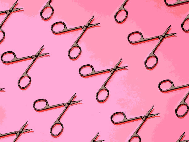 istock Drawing of nails scissors pattern on pink background 1223777519