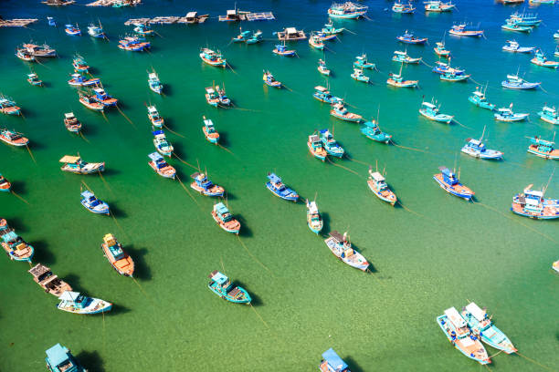 many multi-colored, beautiful ships in the sea. view from above many multi-colored, beautiful boats in the sea. there are many floating boats in turquoise water, panoramic shots from the air. meeru island photos stock pictures, royalty-free photos & images