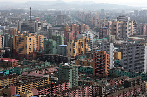 Colorful painted apartment buildings in North Korea.