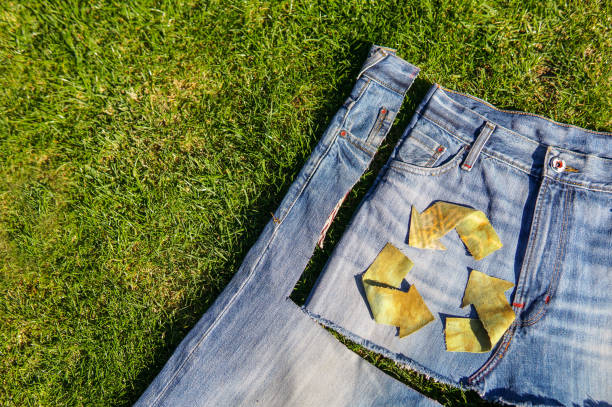 istock Recycle symbol on denim fabric 1223780491