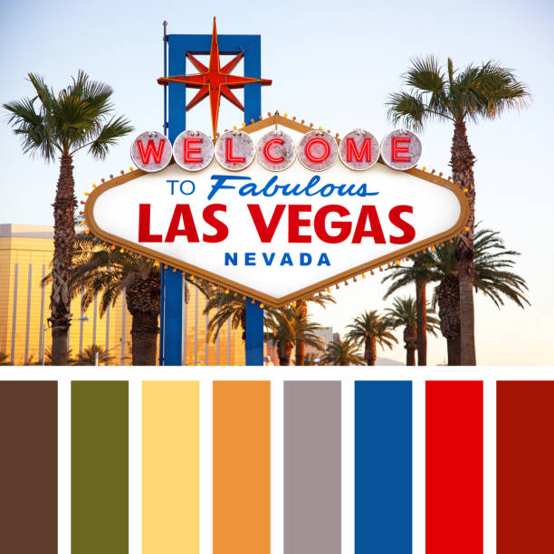 The world famous Welcome to Las Vegas sign in early morning light. The Strip, Las Vegas, USA. In a colour palette with complimentary colour swatches.