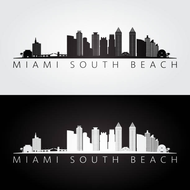 Miami South Beach, Florida skyline and landmarks silhouette, black and white design, vector illustration. Miami South Beach, Florida skyline and landmarks silhouette, black and white design, vector illustration. miami beach stock illustrations