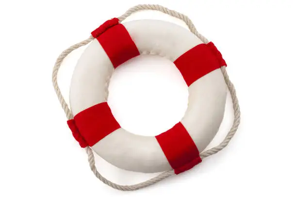 Assistance to survive, bailout, life rescue equipment and survival gear concept with lifebuoy isolated on white background with clipping path cutout