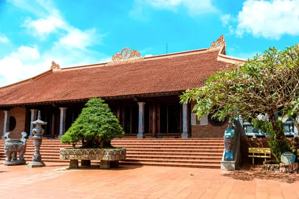 sunny day, a large beautiful temple in Vietnam, Phu Quoc island. many statues and beautiful temples.