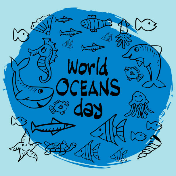istock World ocean day hand drawn lettering and underwater animals. 1223786370