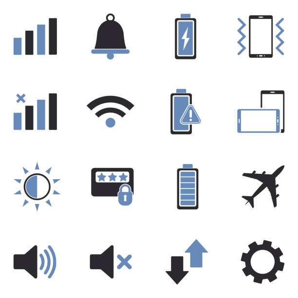 Mobile Phone Icons. Two Tone Flat Design. Vector Illustration. Equipment, Laptop, Digital Display, Computer turning down volume stock illustrations