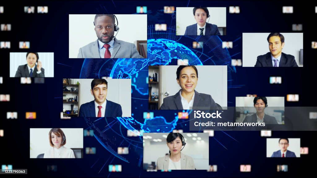 Global communication network concept. Video conference. Telemeeting. Flash news. Global Business Stock Photo