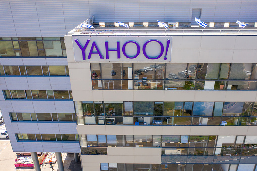 Haifa, Israel - April 7, 2020: Yahoo logo and campus building, at M.A.T.A.M Tech compound.