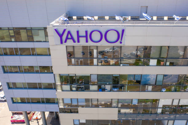 Yahoo logo and campus building, at M.A.T.A.M Tech compound. stock photo