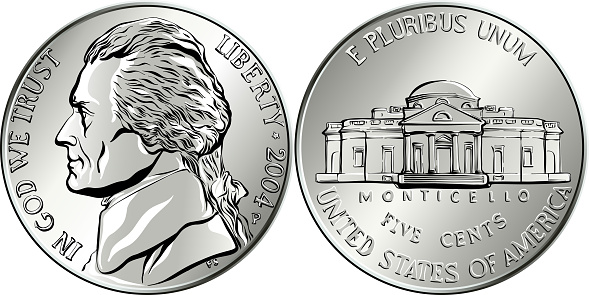 Jefferson nickel, American money, USA five-cent coin with US third President Thomas Jefferson on obverse and his house Monticello on reverse