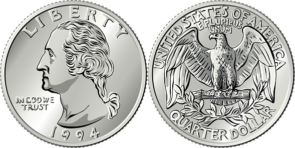American money, Washington quarter dollar or 25-cent silver coin, first US president George Washington on obverse, Bald eagle on reverse