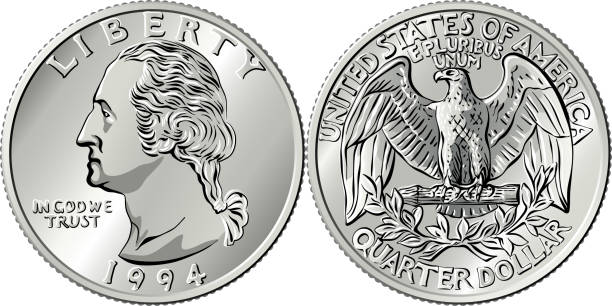 American money Washington quarter 25 cent coin American money, Washington quarter dollar or 25-cent silver coin, first US president George Washington on obverse, Bald eagle on reverse quarter stock illustrations