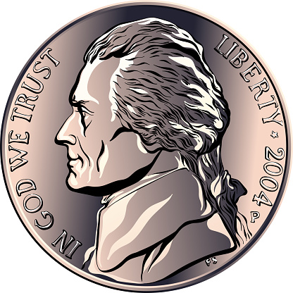 Jefferson nickel, American money, United States five-cent coin with profile Thomas Jefferson, third President of the United States on obverse