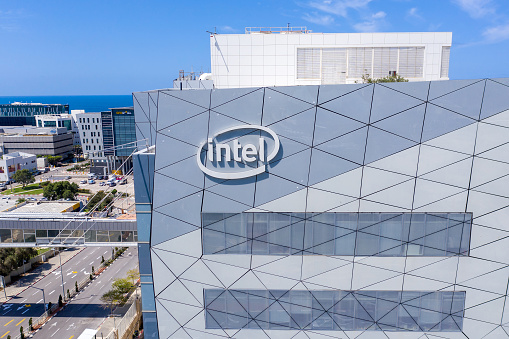 Haifa, Israel - April 7, 2020: Intel logo and campus building, at M.A.T.A.M Tech compound.